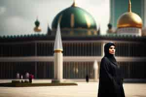 Free photo a woman stands in front of a mosque with a green dome in the background.