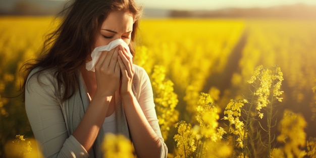 Woman suffering from allergy by being exposed to flower pollen outside