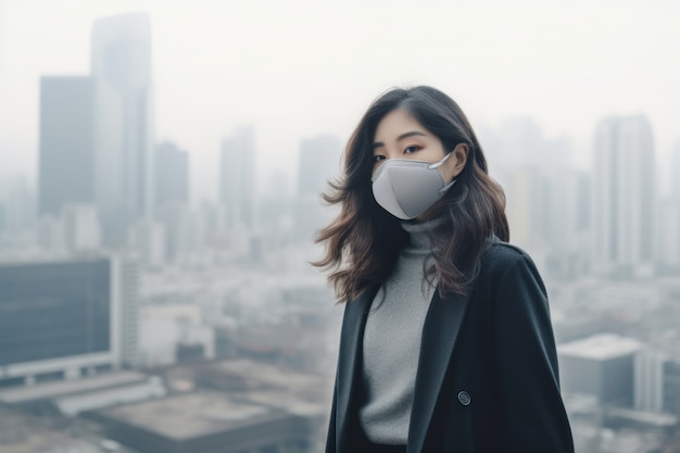 Free photo woman wearing face mask for extreme pollution