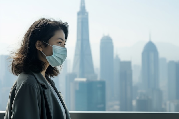 Free photo woman wearing face mask for extreme pollution