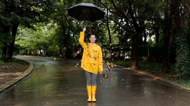 Free photo woman wearing a yellow rain coat