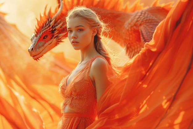 Woman with dragon fantasy scene