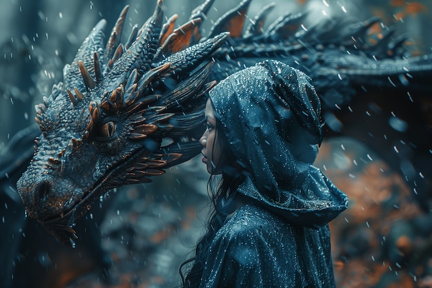 Free photo woman with dragon fantasy scene