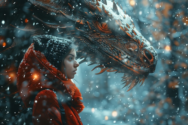 Free photo woman with dragon fantasy scene