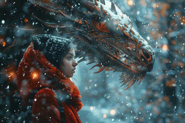 Woman with dragon fantasy scene