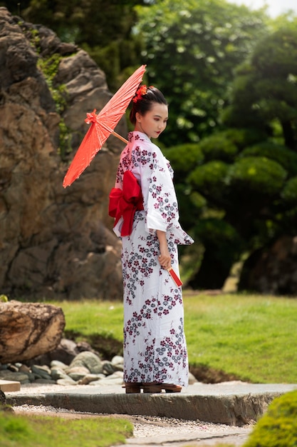 Free photo woman with kimono and wagasa umbrella