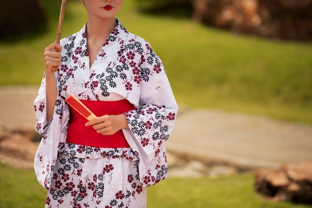 Free photo woman with kimono and wagasa umbrella