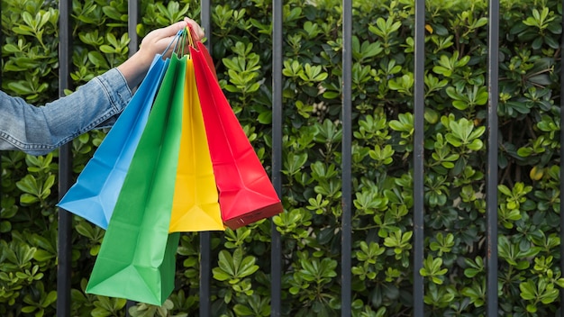 Free photo woman with many bright shopping bags near plants