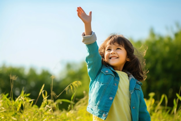 Free photo young girl in a field raising hand up