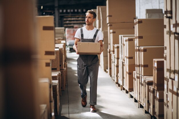 Young man working at a warehouse with boxes