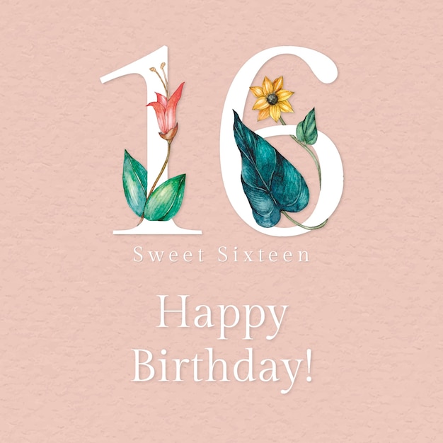 Free PSD 16th birthday greeting template psd with floral number illustration