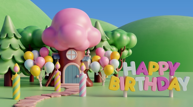 Free PSD 3d birthday background with fairytale elements