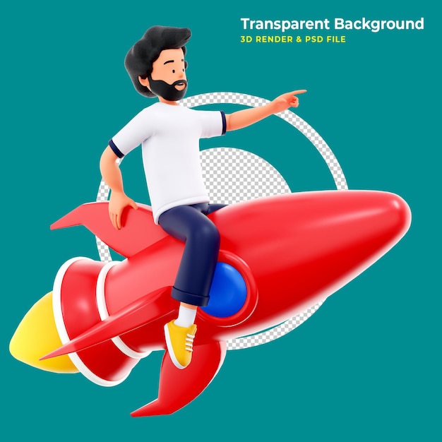 Free PSD 3d character is flying on a rocket 3d illustration