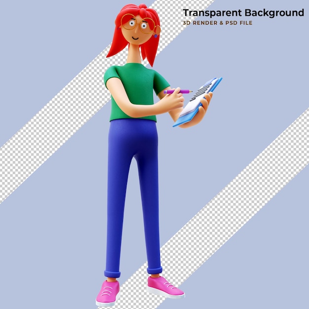 Free PSD 3d character woman is writing on a task paper icon. 3d rendering