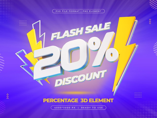 Free PSD 3d flash sale logo with 20 percent discount offer 3d render illustration