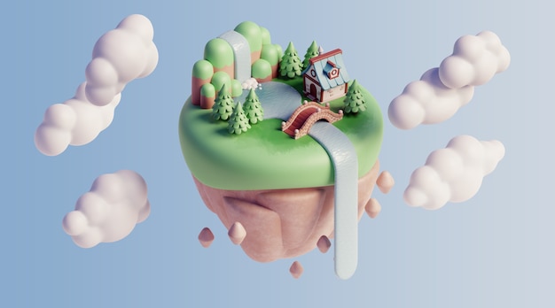 Free PSD 3d floating landscape with nature elements and clouds