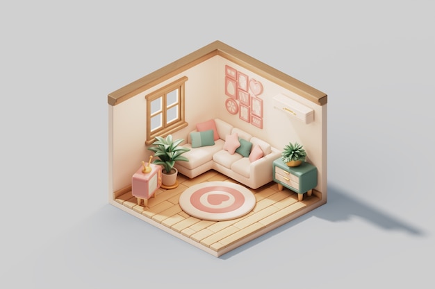 Free PSD 3d illustration of isometric room