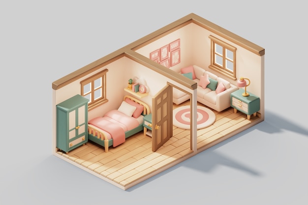 Free PSD 3d illustration of isometric room