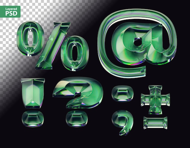 Free PSD 3d render of font set with letters made of glossy green glass