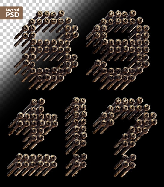 Free PSD 3d rendered font set made of a lot of bronze vintage screws