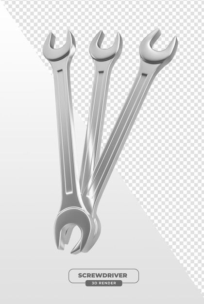 Free PSD 3d rendered realistic metal wrenches for automotive maintenance with transparent background