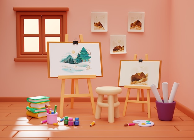 Free PSD 3d rendering of art studio illustration