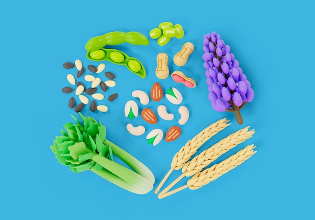 Free PSD 3d rendering of food allergens still life