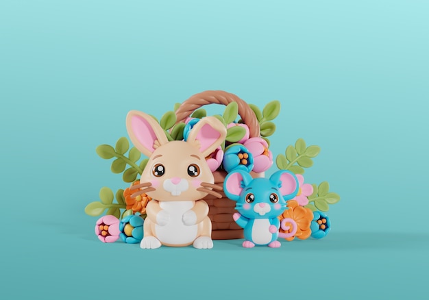 Free PSD 3d rendering of kawaii animals still life