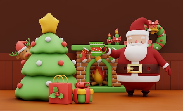 Free PSD 3d rendering of santa in his living room