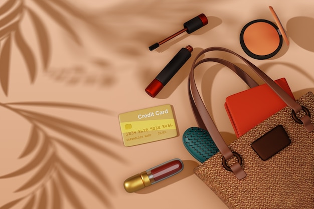 Free PSD 3d rendering of  still life of bag content