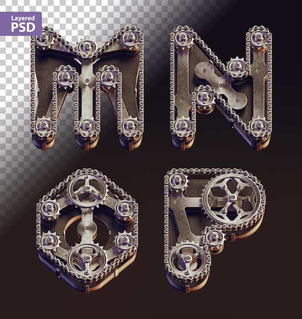 Free PSD 3d steampunk style letters made of bike gears and chain