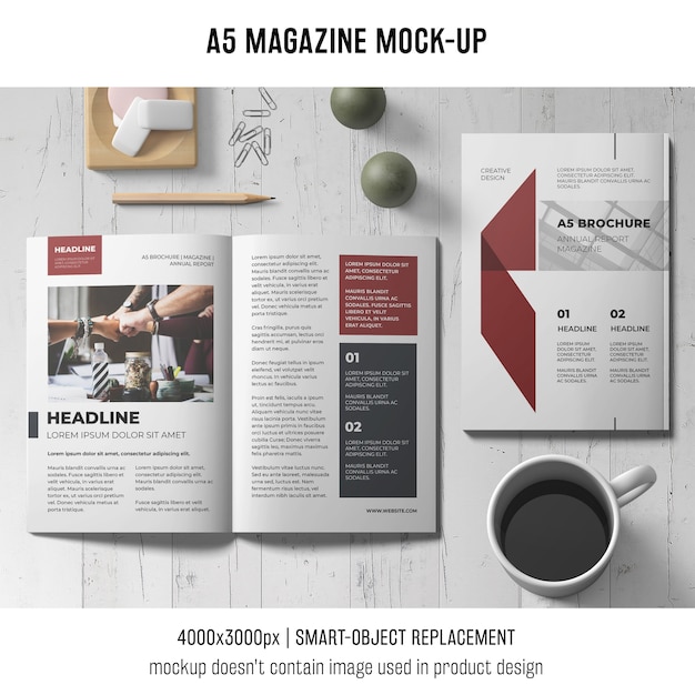 Free PSD a5 magazine mockup with cup of coffee