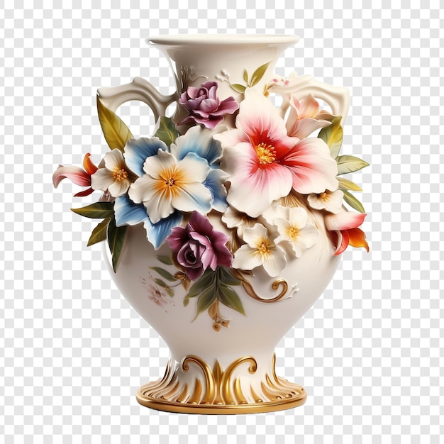 Free PSD antique porcelain vase with painted flowers isolated on transparent background