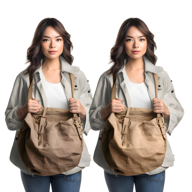 Free PSD asian woman with a shoulder bag on white background front and back view