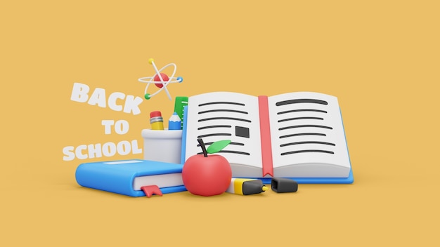 Free PSD back to school mock-up with 3d render school supplies