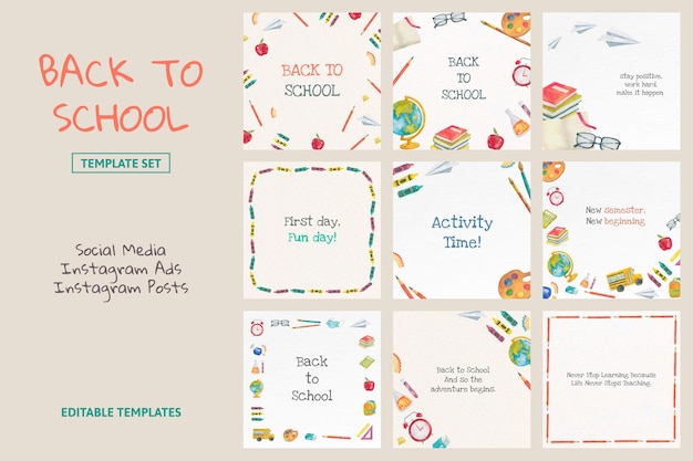 Free PSD back to school template psd editable set in watercolor social media post