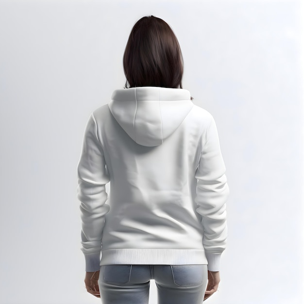 Free PSD back view of a woman wearing a white hoodie on gray background