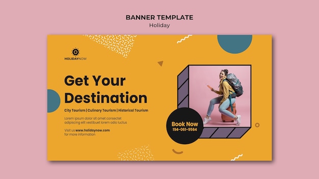 Banner template for vacations with female backpacker