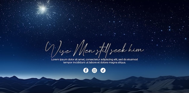 Free PSD banner with white text for the three wise men on a starry night desert background