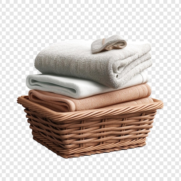 Free PSD basket of clean towels on a wooden table isolated on transparent background