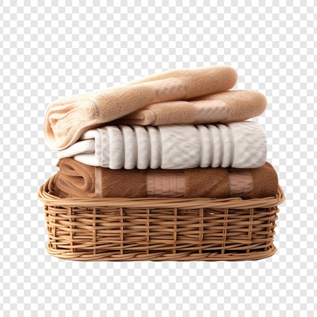 Free PSD basket of clean towels on a wooden table isolated on transparent background