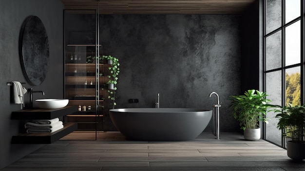 Free PSD bathroom interior design with matte black bath generative ai