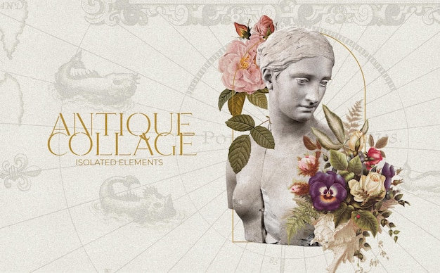 Beautiful collage composition with vintage sculptures and flowers