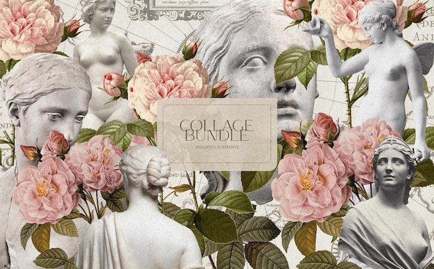 Free PSD beautiful collage composition with vintage sculptures and flowers