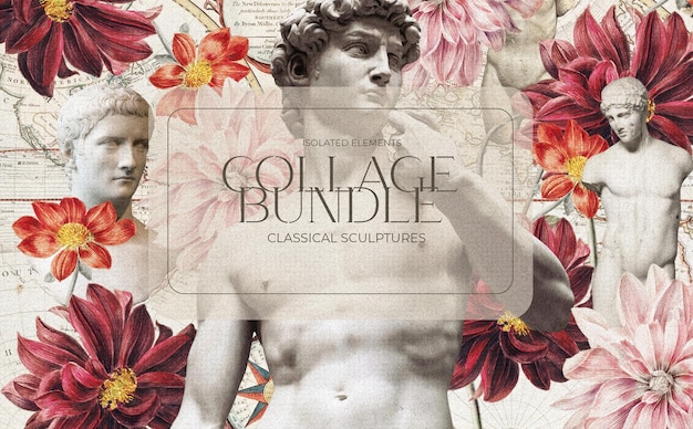 Free PSD beautiful collage composition with vintage sculptures and flowers