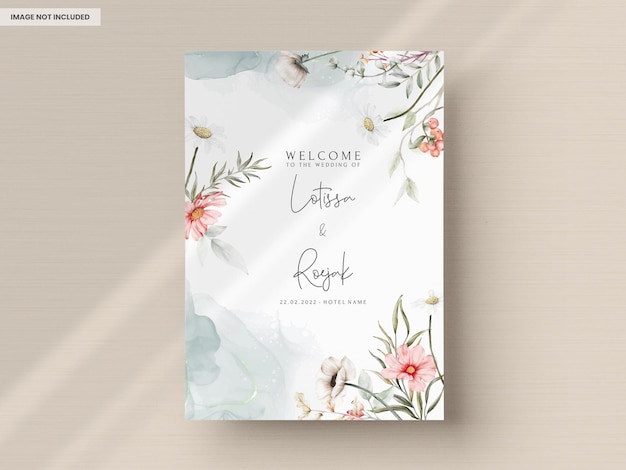 Free PSD beautiful watercolor wedding invitation card with elegant flower and tiny foliage