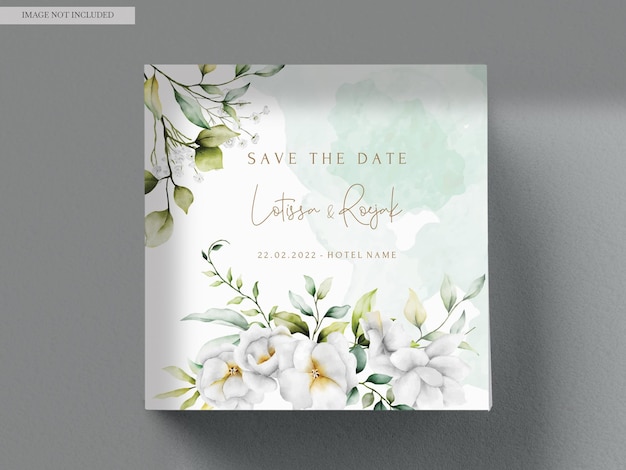 Free PSD beautiful watercolor wedding invitation card with greenery leaves and white flower