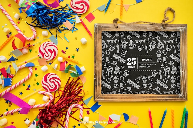 Free PSD birthday decoration with slate candy and confetti