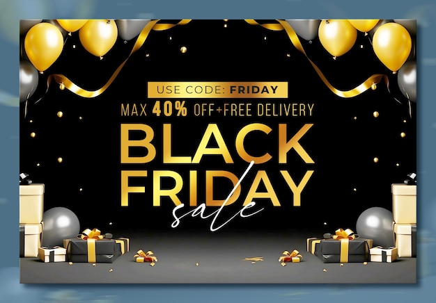 Free PSD black friday sale banner template with 3d gifts and balloons