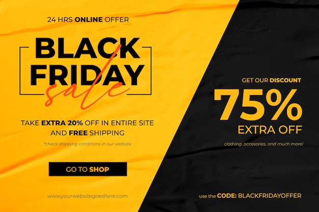 Free PSD black friday sale banner in yellow and black glued paper background